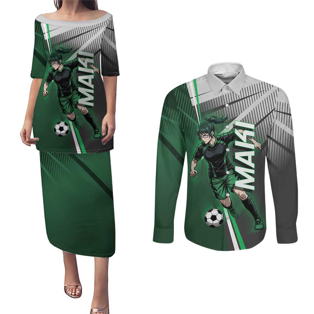 Personalized Maki Zenin Jujutsu Kaisen Couples Matching Puletasi and Long Sleeve Button Shirt Anime Soccer Design, Green Monochrome Action Pose
