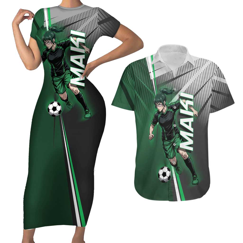 Personalized Maki Zenin Jujutsu Kaisen Couples Matching Short Sleeve Bodycon Dress and Hawaiian Shirt Anime Soccer Design, Green Monochrome Action Pose