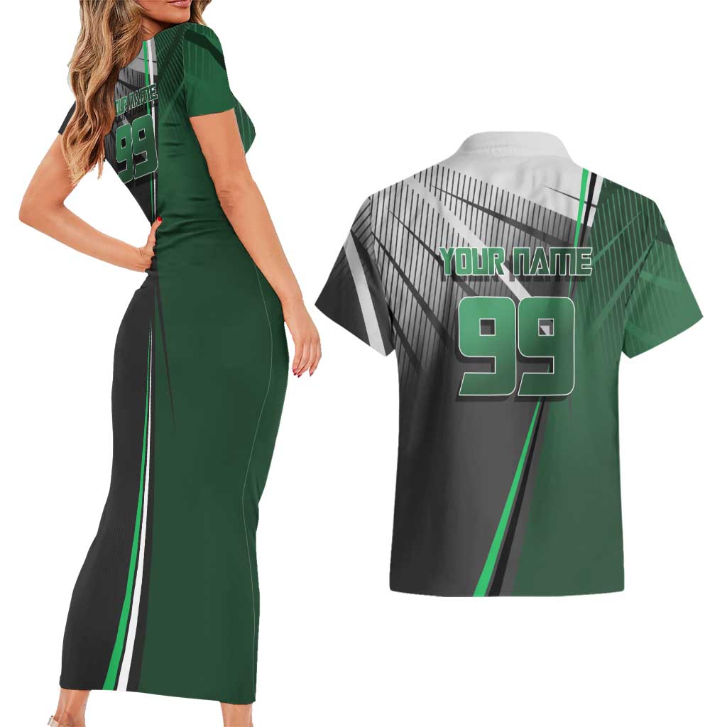 Personalized Maki Zenin Jujutsu Kaisen Couples Matching Short Sleeve Bodycon Dress and Hawaiian Shirt Anime Soccer Design, Green Monochrome Action Pose