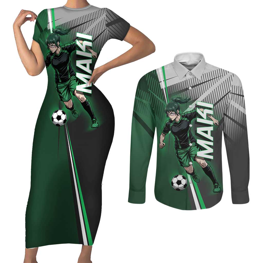 Personalized Maki Zenin Jujutsu Kaisen Couples Matching Short Sleeve Bodycon Dress and Long Sleeve Button Shirt Anime Soccer Design, Green Monochrome Action Pose