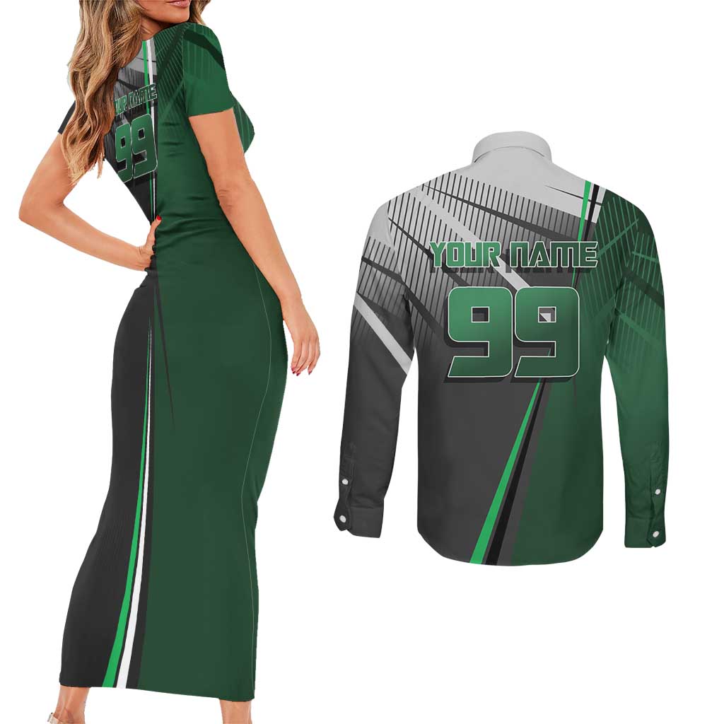 Personalized Maki Zenin Jujutsu Kaisen Couples Matching Short Sleeve Bodycon Dress and Long Sleeve Button Shirt Anime Soccer Design, Green Monochrome Action Pose
