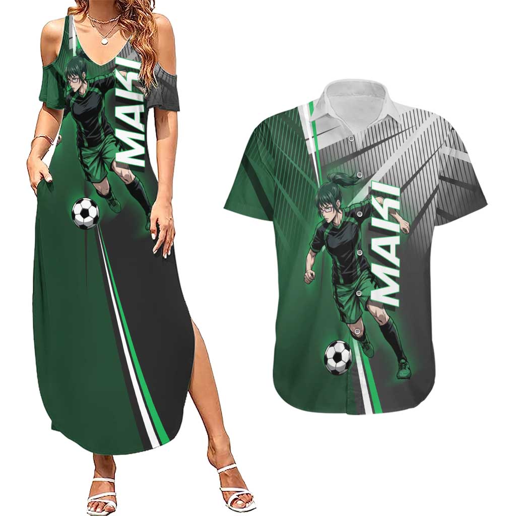 Personalized Maki Zenin Jujutsu Kaisen Couples Matching Summer Maxi Dress and Hawaiian Shirt Anime Soccer Design, Green Monochrome Action Pose