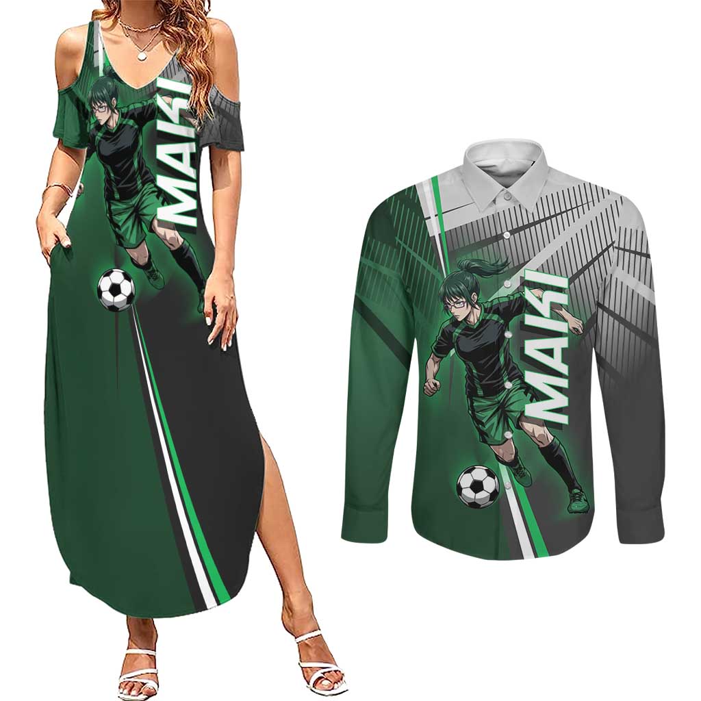 Personalized Maki Zenin Jujutsu Kaisen Couples Matching Summer Maxi Dress and Long Sleeve Button Shirt Anime Soccer Design, Green Monochrome Action Pose