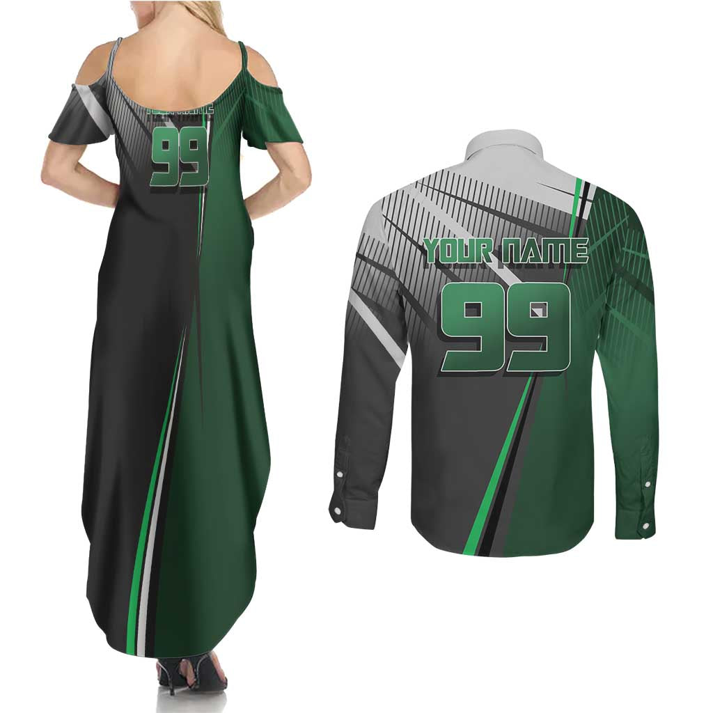 Personalized Maki Zenin Jujutsu Kaisen Couples Matching Summer Maxi Dress and Long Sleeve Button Shirt Anime Soccer Design, Green Monochrome Action Pose