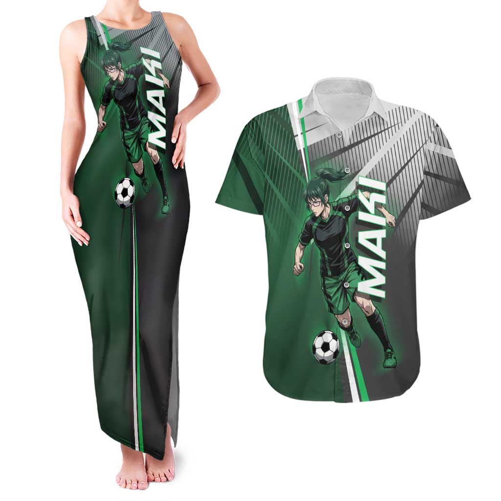 Personalized Maki Zenin Jujutsu Kaisen Couples Matching Tank Maxi Dress and Hawaiian Shirt Anime Soccer Design, Green Monochrome Action Pose