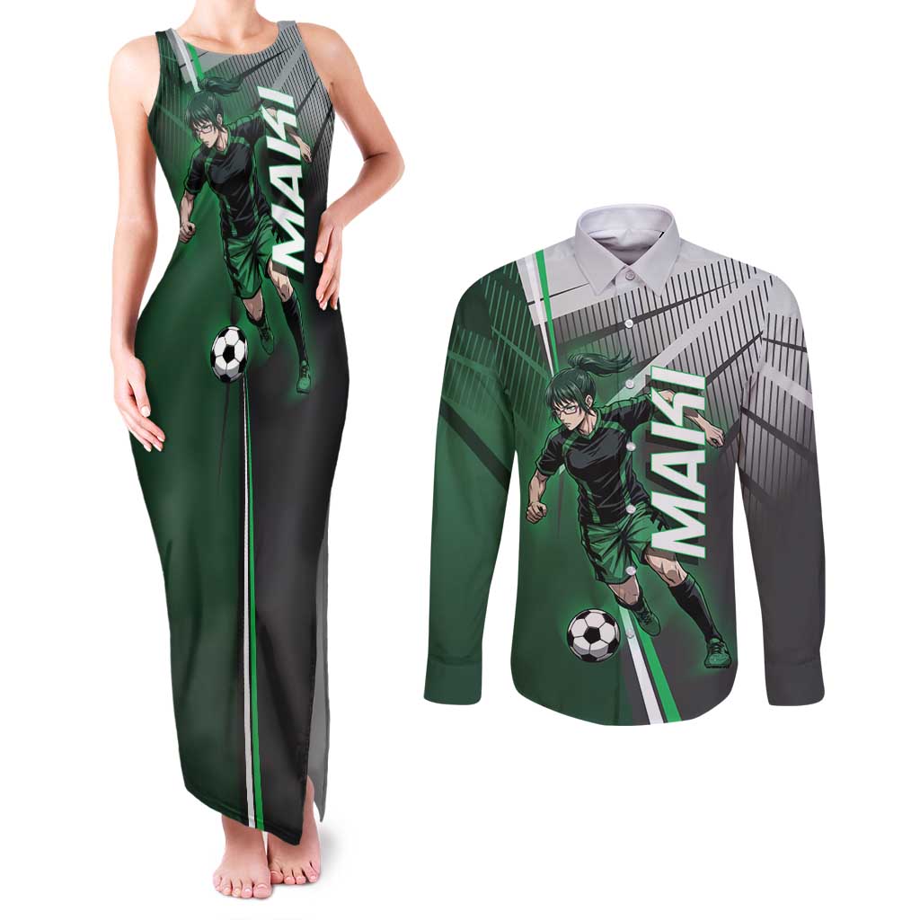 Personalized Maki Zenin Jujutsu Kaisen Couples Matching Tank Maxi Dress and Long Sleeve Button Shirt Anime Soccer Design, Green Monochrome Action Pose