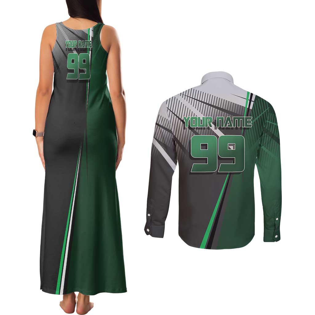 Personalized Maki Zenin Jujutsu Kaisen Couples Matching Tank Maxi Dress and Long Sleeve Button Shirt Anime Soccer Design, Green Monochrome Action Pose