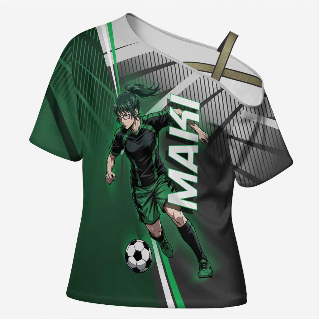 Personalized Maki Zenin Jujutsu Kaisen Cross Shoulder Shirt Anime Soccer Design, Green Monochrome Action Pose