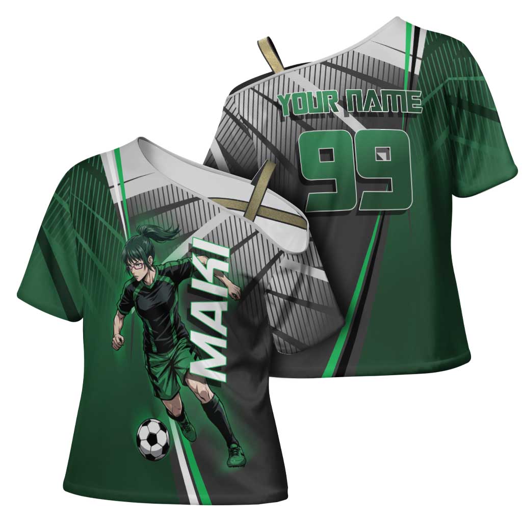 Personalized Maki Zenin Jujutsu Kaisen Cross Shoulder Shirt Anime Soccer Design, Green Monochrome Action Pose