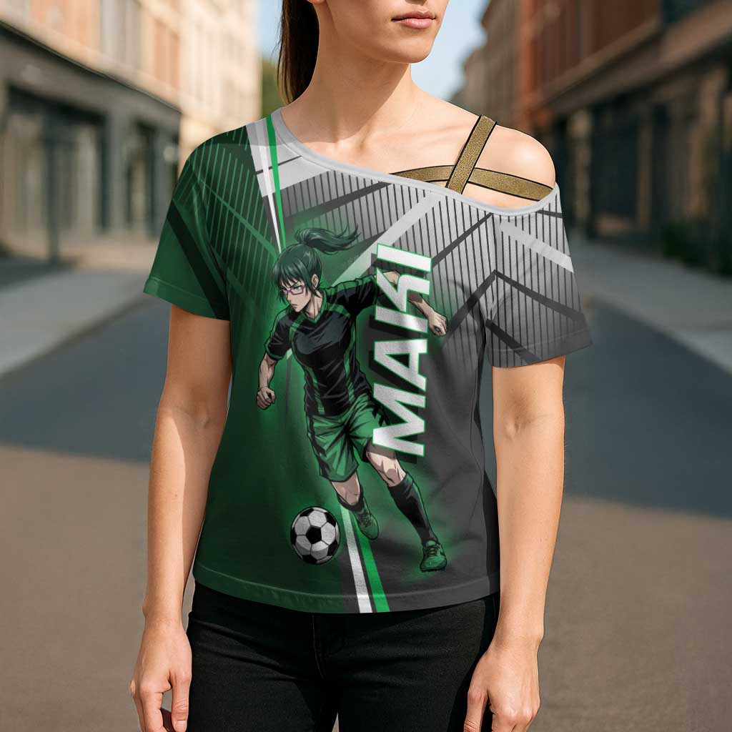 Personalized Maki Zenin Jujutsu Kaisen Cross Shoulder Shirt Anime Soccer Design, Green Monochrome Action Pose