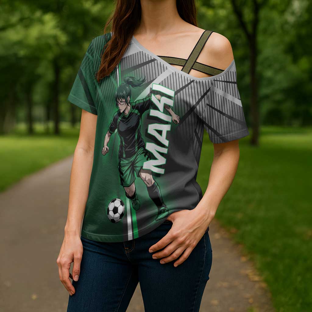 Personalized Maki Zenin Jujutsu Kaisen Cross Shoulder Shirt Anime Soccer Design, Green Monochrome Action Pose