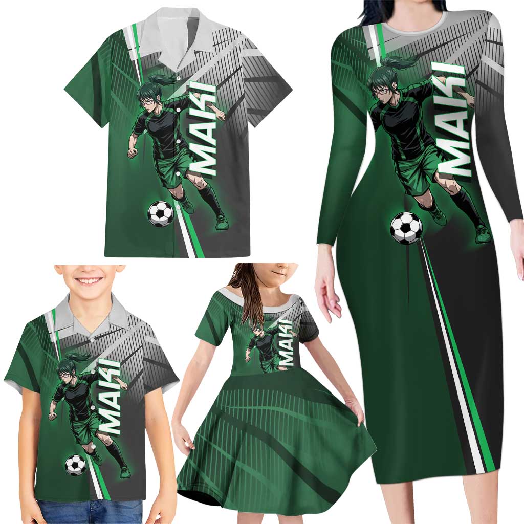 Personalized Maki Zenin Jujutsu Kaisen Family Matching Long Sleeve Bodycon Dress and Hawaiian Shirt Anime Soccer Design, Green Monochrome Action Pose