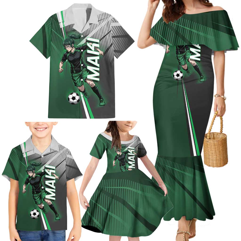 Personalized Maki Zenin Jujutsu Kaisen Family Matching Mermaid Dress and Hawaiian Shirt Anime Soccer Design, Green Monochrome Action Pose