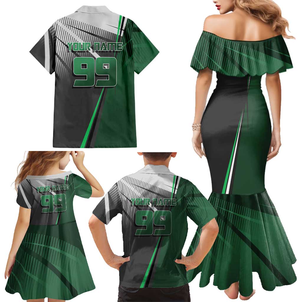 Personalized Maki Zenin Jujutsu Kaisen Family Matching Mermaid Dress and Hawaiian Shirt Anime Soccer Design, Green Monochrome Action Pose