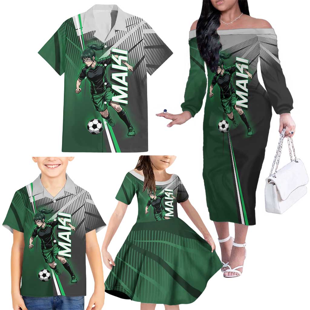 Personalized Maki Zenin Jujutsu Kaisen Family Matching Off The Shoulder Long Sleeve Dress and Hawaiian Shirt Anime Soccer Design, Green Monochrome Action Pose