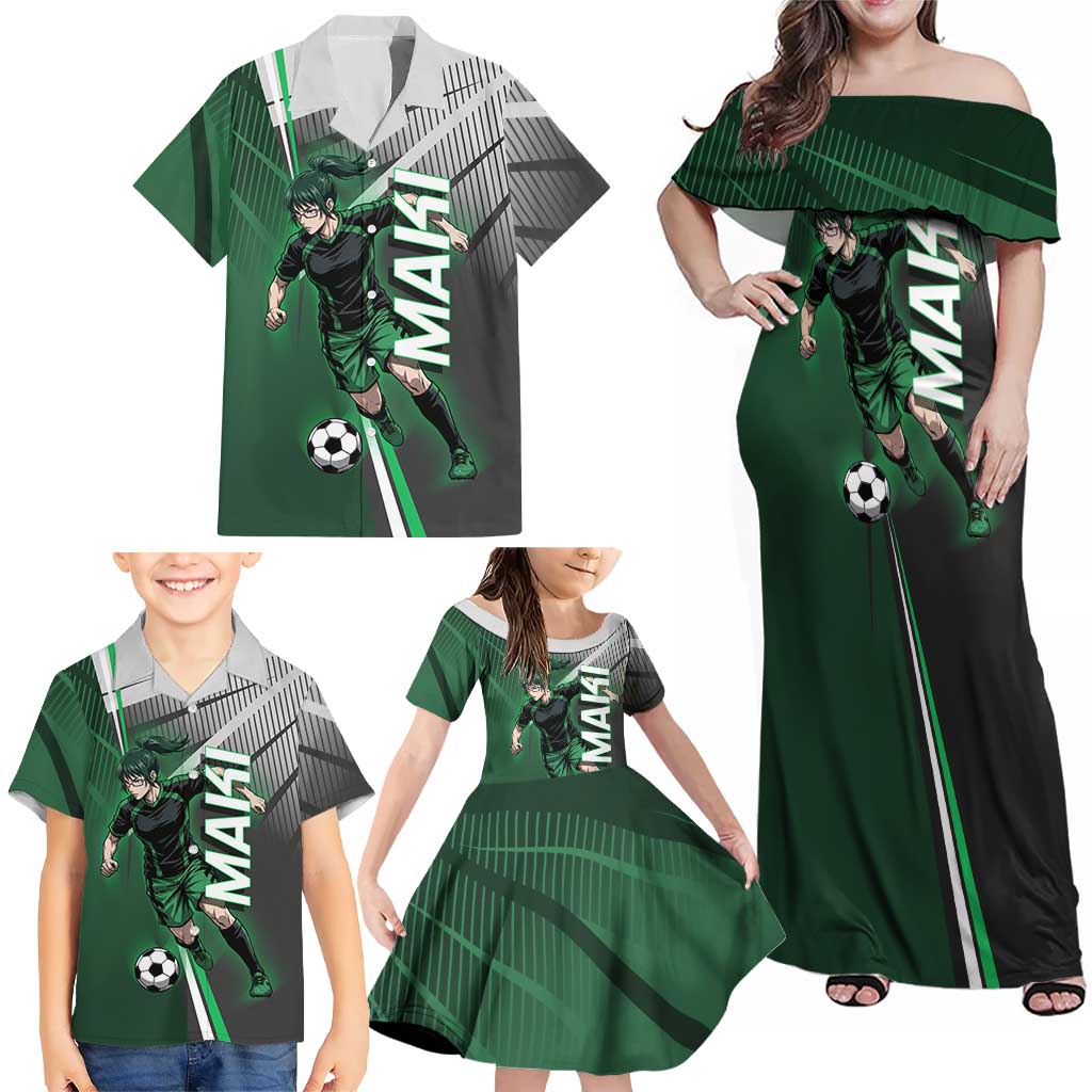 Personalized Maki Zenin Jujutsu Kaisen Family Matching Off Shoulder Maxi Dress and Hawaiian Shirt Anime Soccer Design, Green Monochrome Action Pose