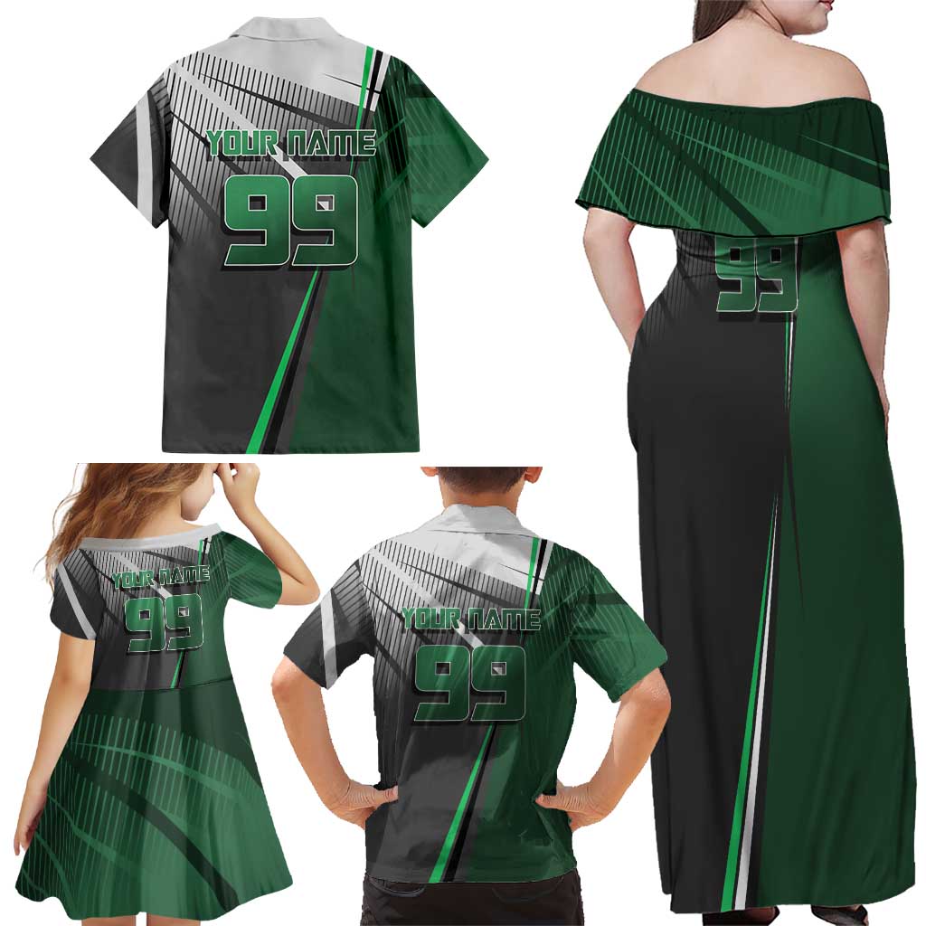 Personalized Maki Zenin Jujutsu Kaisen Family Matching Off Shoulder Maxi Dress and Hawaiian Shirt Anime Soccer Design, Green Monochrome Action Pose