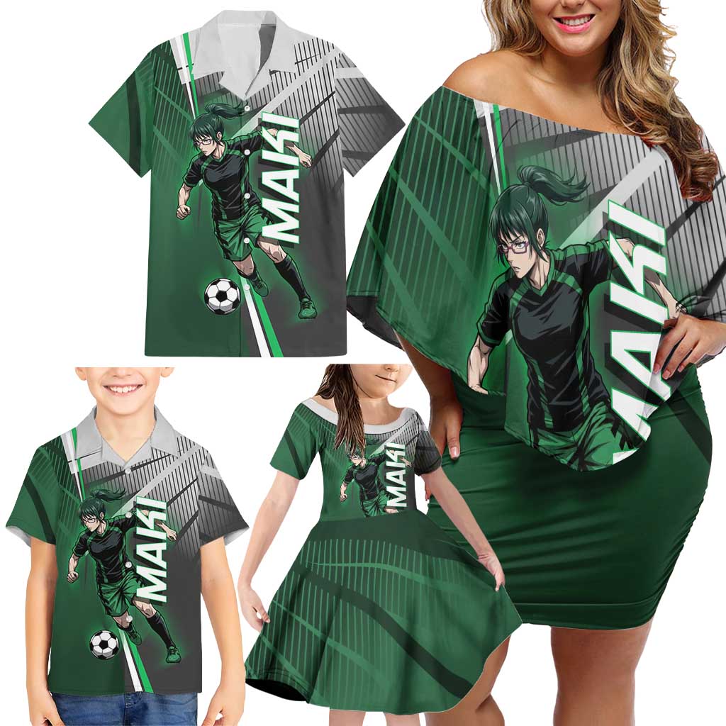 Personalized Maki Zenin Jujutsu Kaisen Family Matching Off Shoulder Short Dress and Hawaiian Shirt Anime Soccer Design, Green Monochrome Action Pose