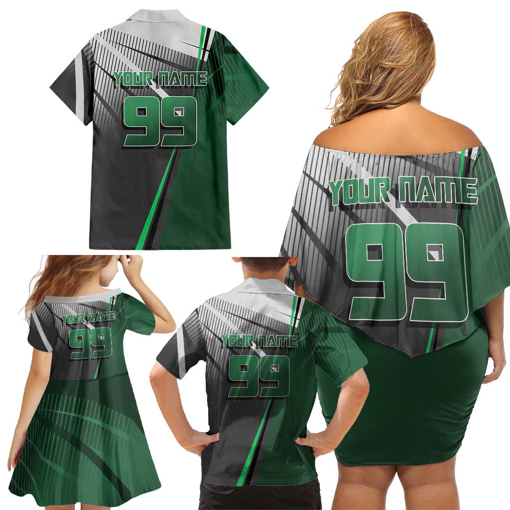 Personalized Maki Zenin Jujutsu Kaisen Family Matching Off Shoulder Short Dress and Hawaiian Shirt Anime Soccer Design, Green Monochrome Action Pose