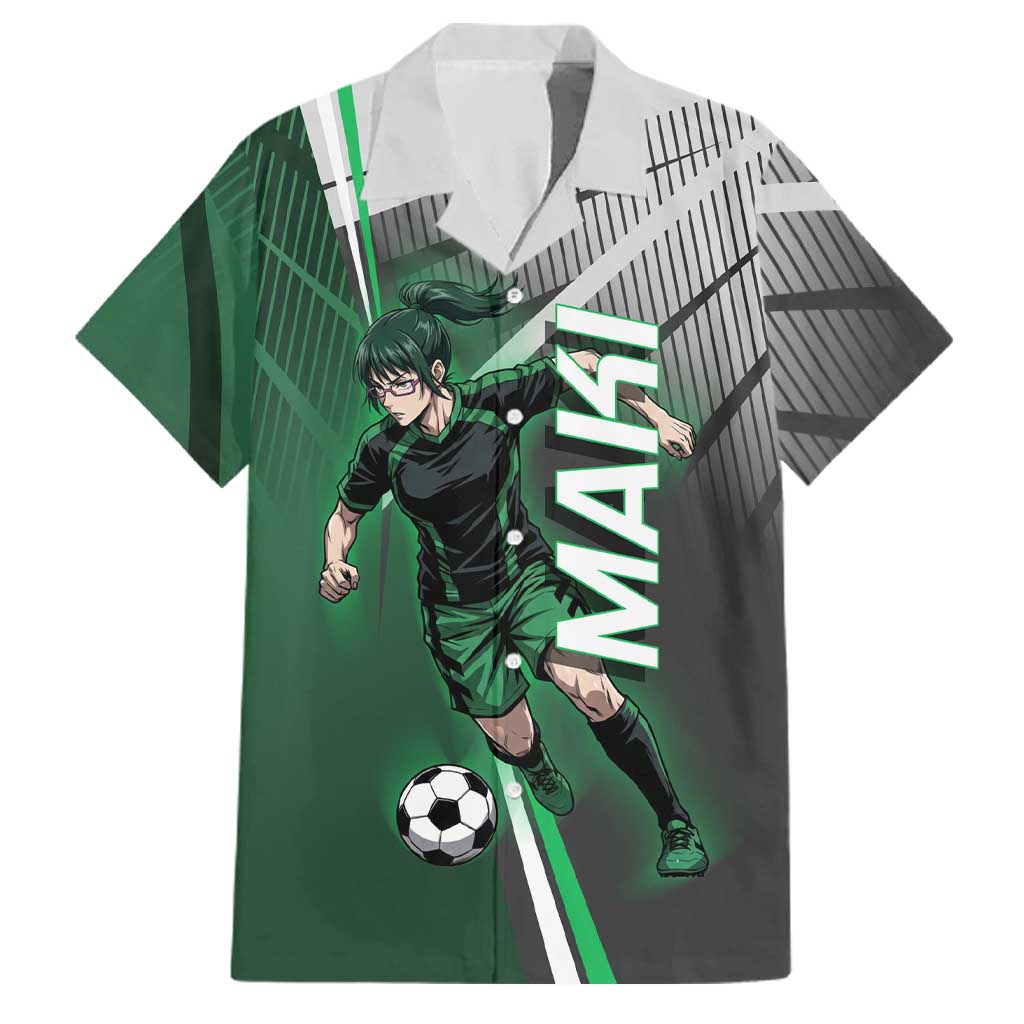 Personalized Maki Zenin Jujutsu Kaisen Family Matching Off Shoulder Short Dress and Hawaiian Shirt Anime Soccer Design, Green Monochrome Action Pose