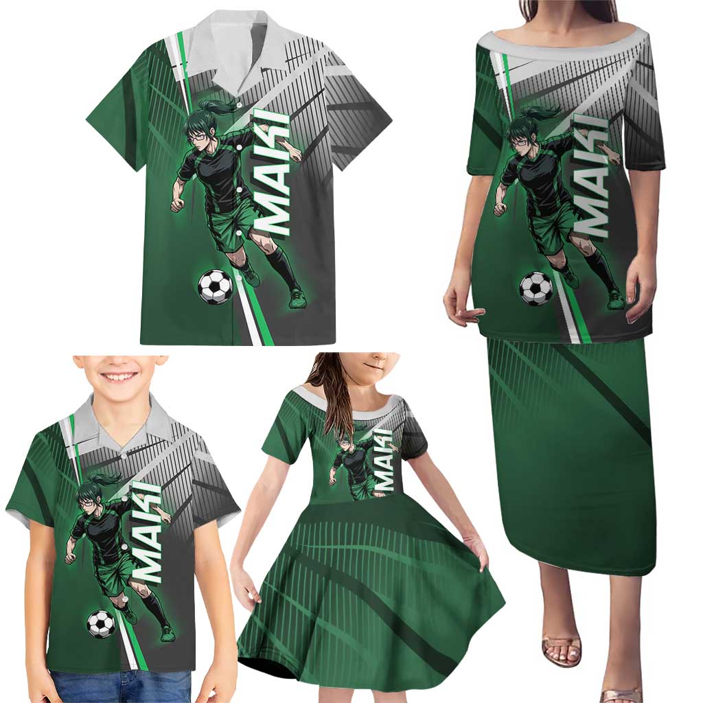 Personalized Maki Zenin Jujutsu Kaisen Family Matching Puletasi and Hawaiian Shirt Anime Soccer Design, Green Monochrome Action Pose