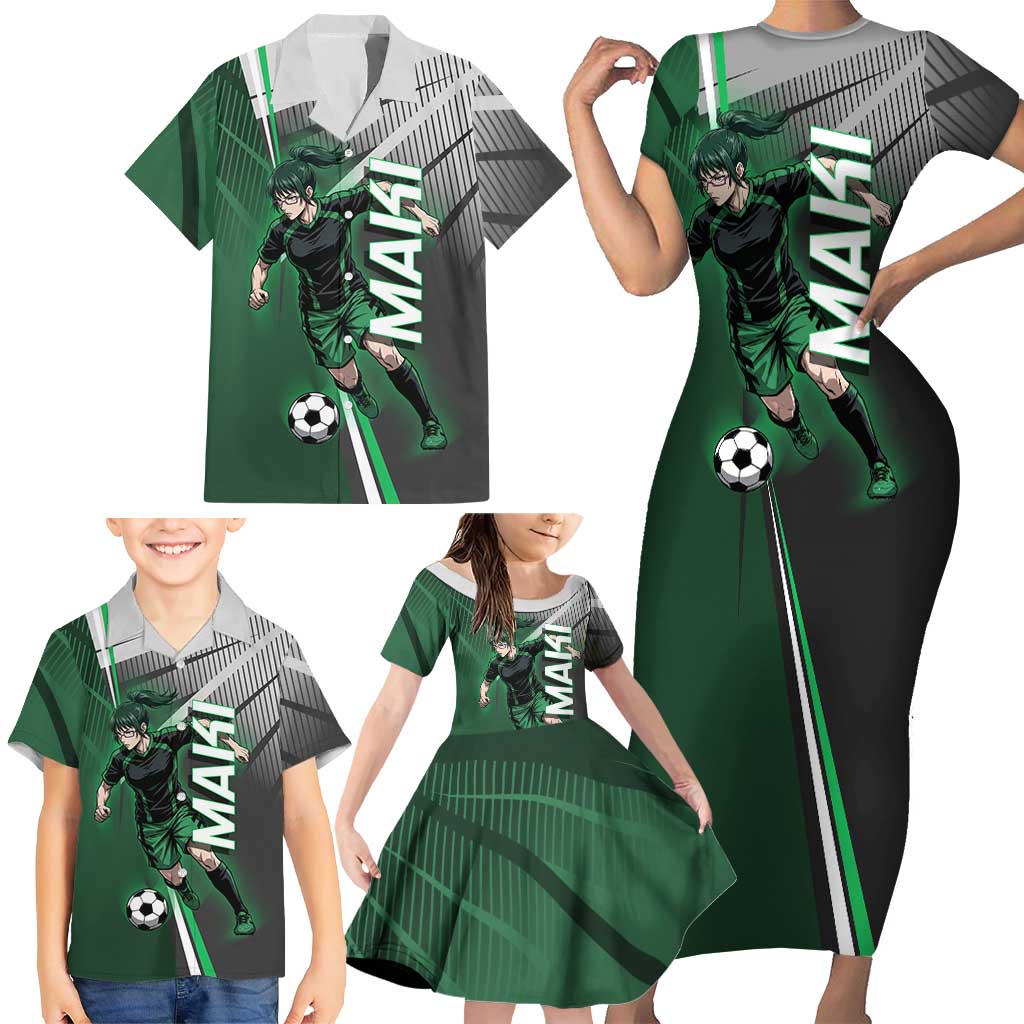 Personalized Maki Zenin Jujutsu Kaisen Family Matching Short Sleeve Bodycon Dress and Hawaiian Shirt Anime Soccer Design, Green Monochrome Action Pose