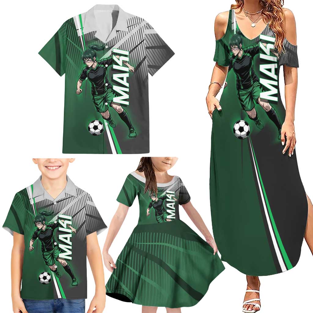 Personalized Maki Zenin Jujutsu Kaisen Family Matching Summer Maxi Dress and Hawaiian Shirt Anime Soccer Design, Green Monochrome Action Pose