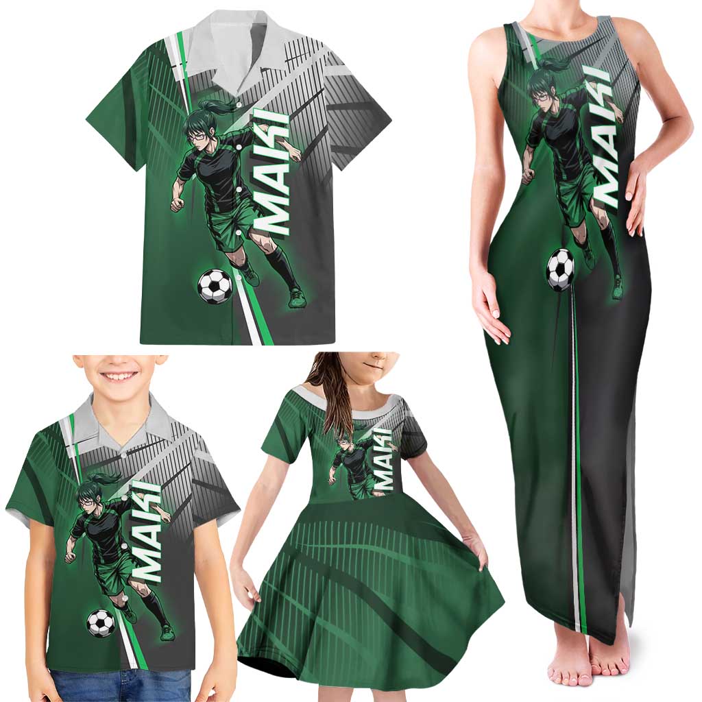 Personalized Maki Zenin Jujutsu Kaisen Family Matching Tank Maxi Dress and Hawaiian Shirt Anime Soccer Design, Green Monochrome Action Pose