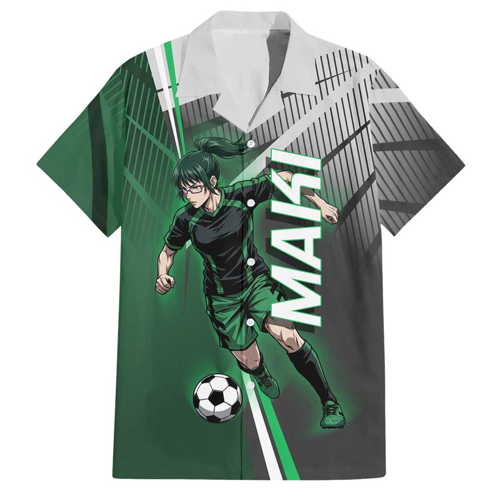 Personalized Maki Zenin Jujutsu Kaisen Hawaiian Shirt Anime Soccer Design, Green Monochrome Action Pose
