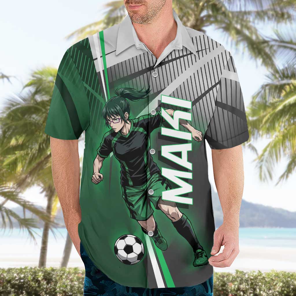 Personalized Maki Zenin Jujutsu Kaisen Hawaiian Shirt Anime Soccer Design, Green Monochrome Action Pose