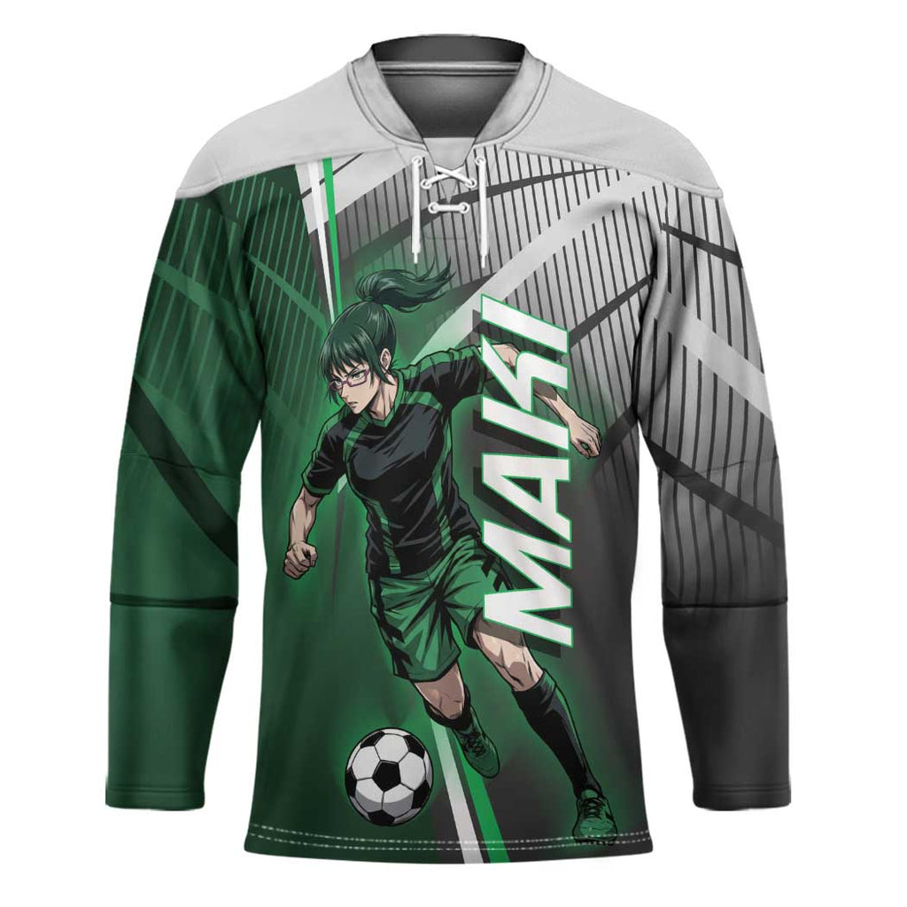 Personalized Maki Zenin Jujutsu Kaisen Hockey Jersey Anime Soccer Design, Green Monochrome Action Pose