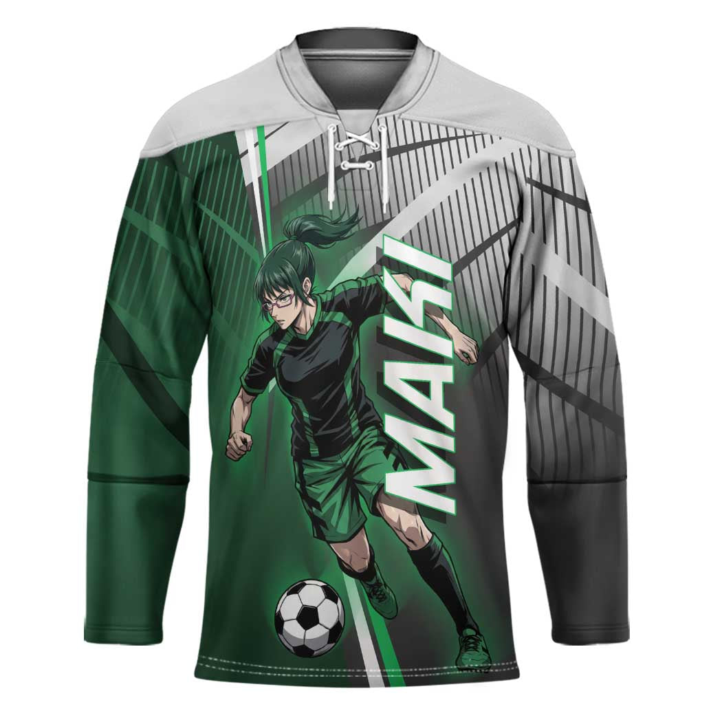 Personalized Maki Zenin Jujutsu Kaisen Hockey Jersey Anime Soccer Design, Green Monochrome Action Pose