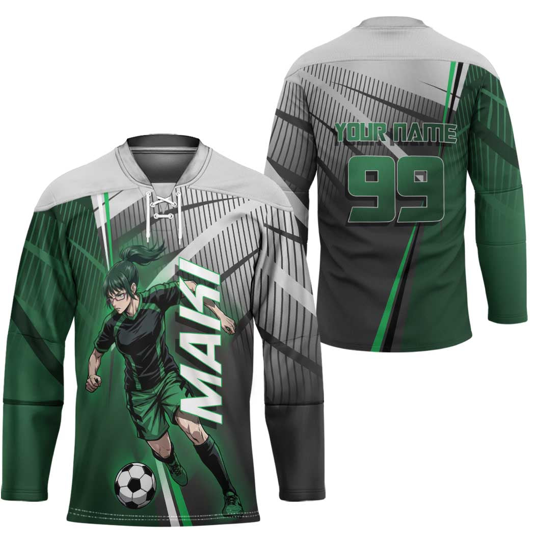 Personalized Maki Zenin Jujutsu Kaisen Hockey Jersey Anime Soccer Design, Green Monochrome Action Pose