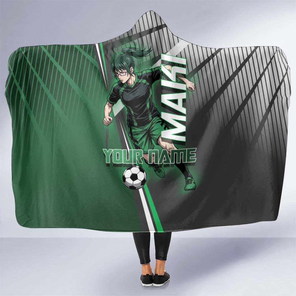 Personalized Maki Zenin Jujutsu Kaisen Hooded Blanket Anime Soccer Design, Green Monochrome Action Pose