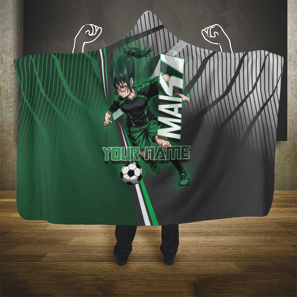 Personalized Maki Zenin Jujutsu Kaisen Hooded Blanket Anime Soccer Design, Green Monochrome Action Pose