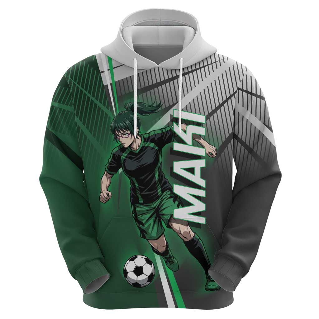 Personalized Maki Zenin Jujutsu Kaisen Hoodie Anime Soccer Design, Green Monochrome Action Pose