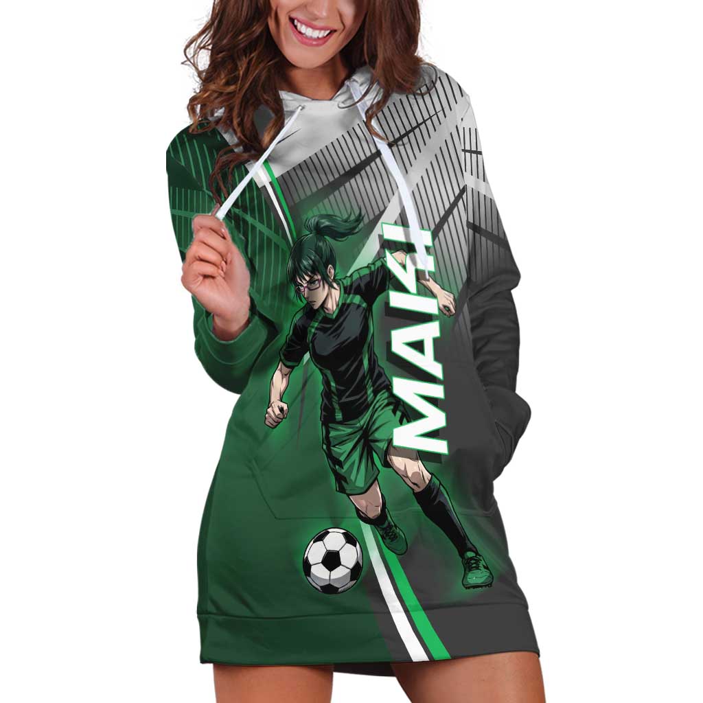 Personalized Maki Zenin Jujutsu Kaisen Hoodie Dress Anime Soccer Design, Green Monochrome Action Pose