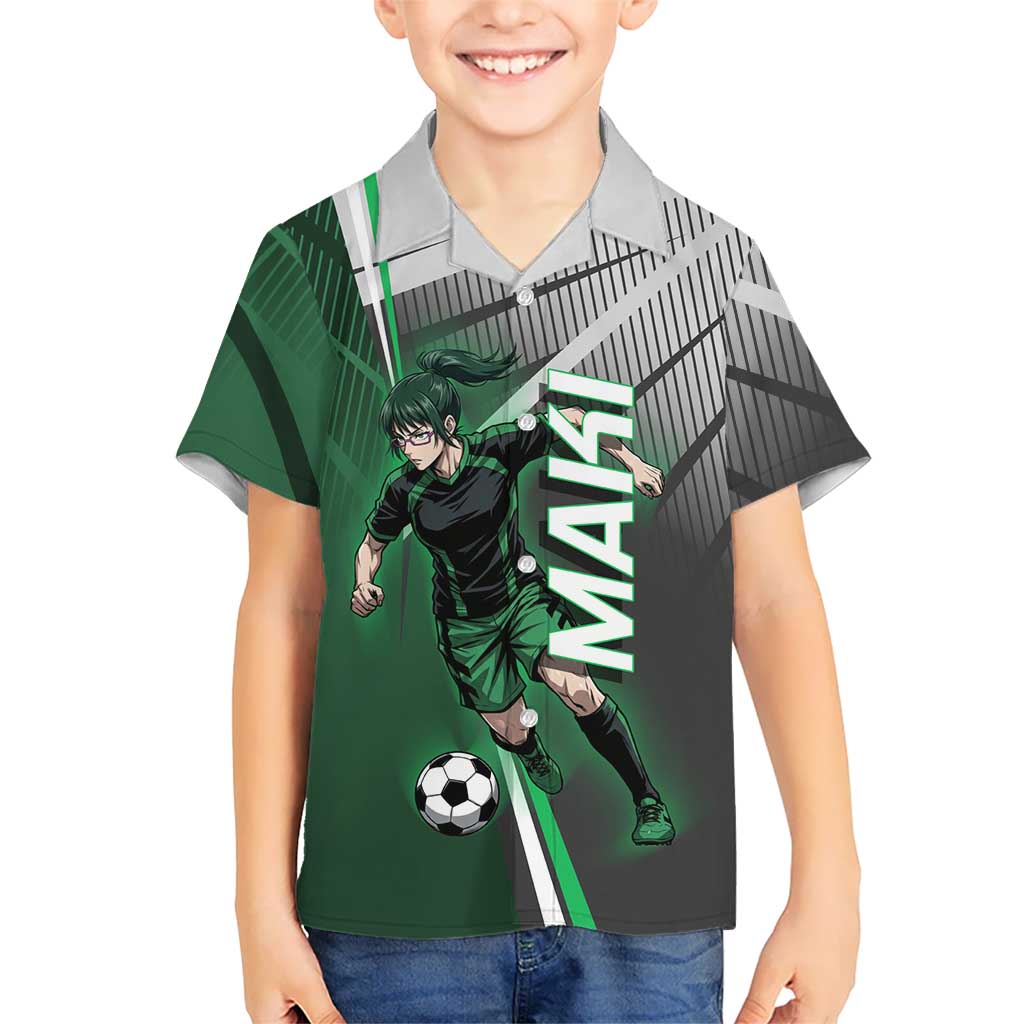 Personalized Maki Zenin Jujutsu Kaisen Kid Hawaiian Shirt Anime Soccer Design, Green Monochrome Action Pose