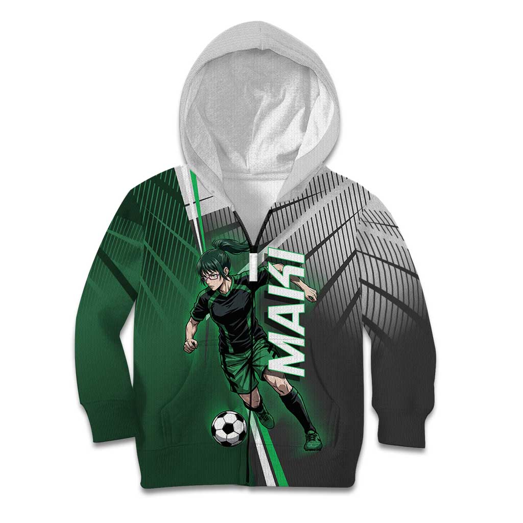 Personalized Maki Zenin Jujutsu Kaisen Kid Hoodie Anime Soccer Design, Green Monochrome Action Pose