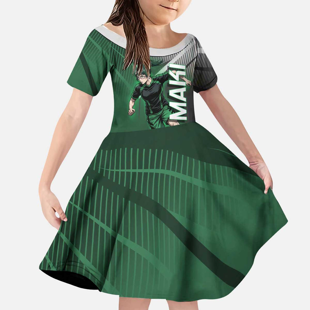 Personalized Maki Zenin Jujutsu Kaisen Kid Short Sleeve Dress Anime Soccer Design, Green Monochrome Action Pose