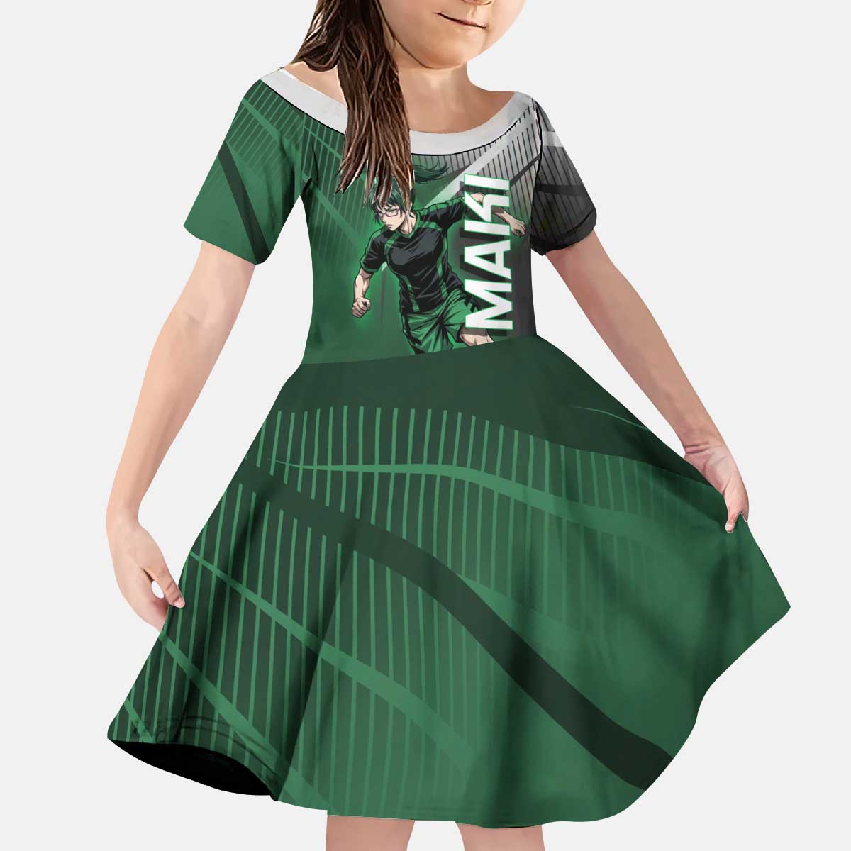 Personalized Maki Zenin Jujutsu Kaisen Kid Short Sleeve Dress Anime Soccer Design, Green Monochrome Action Pose
