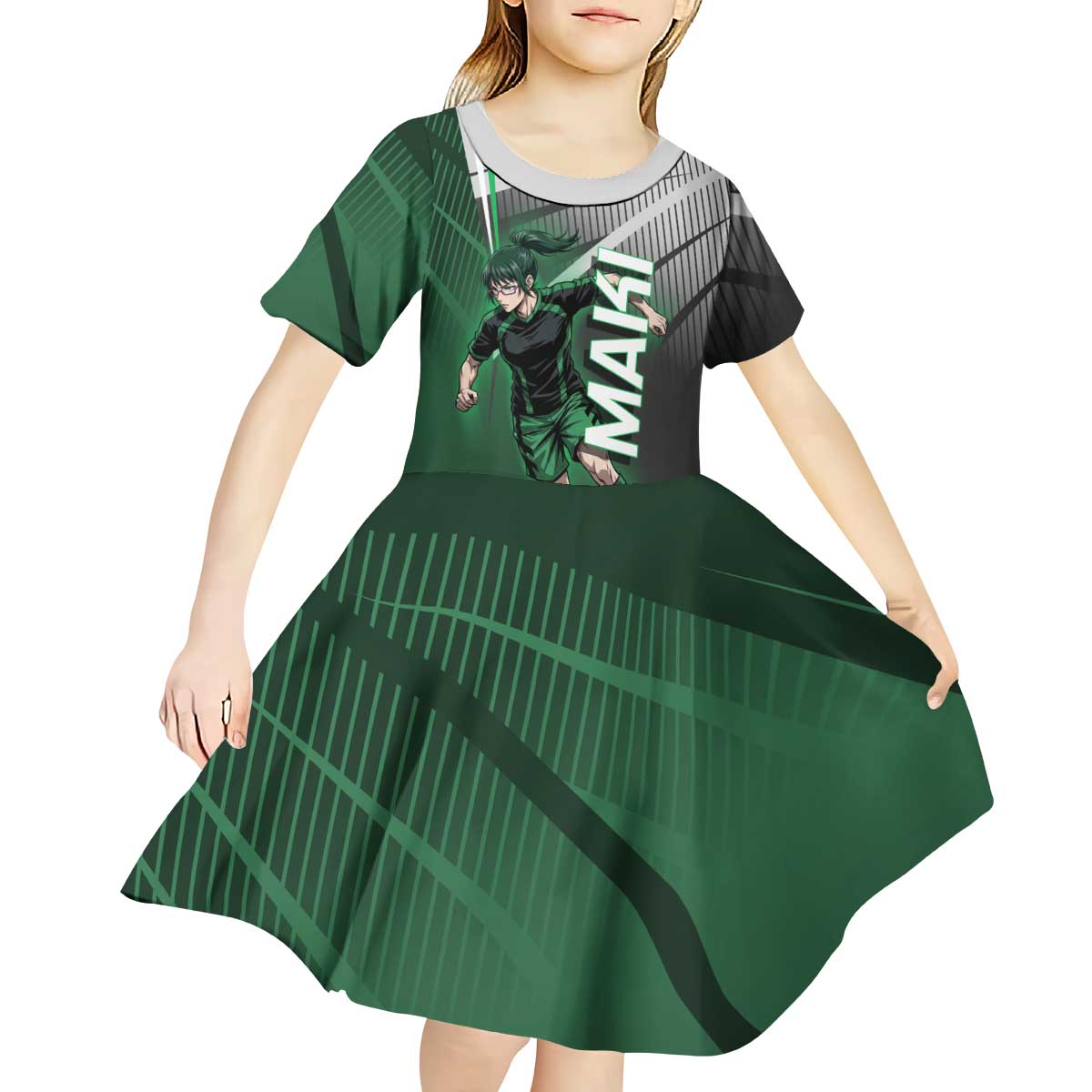Personalized Maki Zenin Jujutsu Kaisen Kid Short Sleeve Dress Anime Soccer Design, Green Monochrome Action Pose