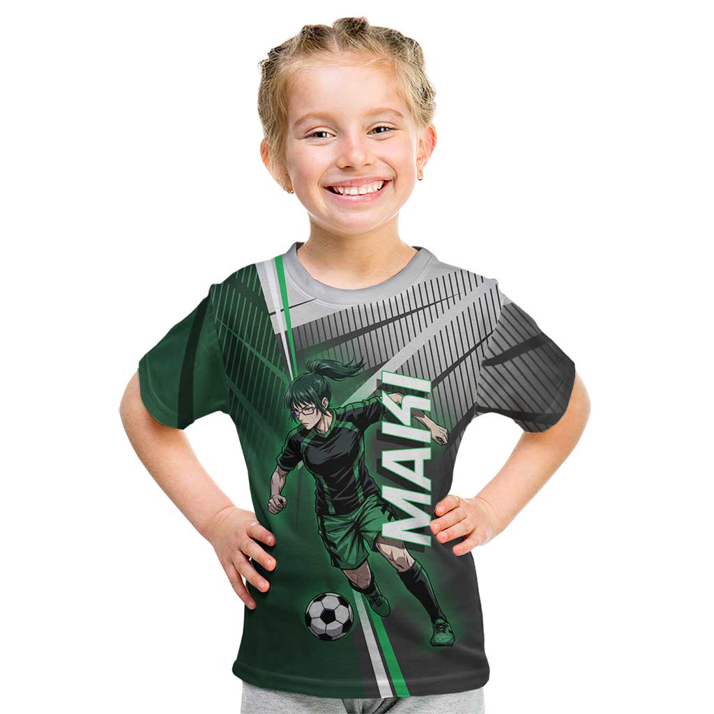 Personalized Maki Zenin Jujutsu Kaisen Kid T Shirt Anime Soccer Design, Green Monochrome Action Pose