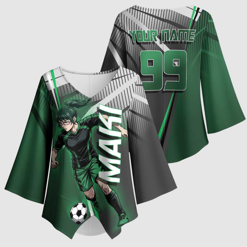Personalized Maki Zenin Jujutsu Kaisen Kimono Sleeve Blouse Anime Soccer Design, Green Monochrome Action Pose
