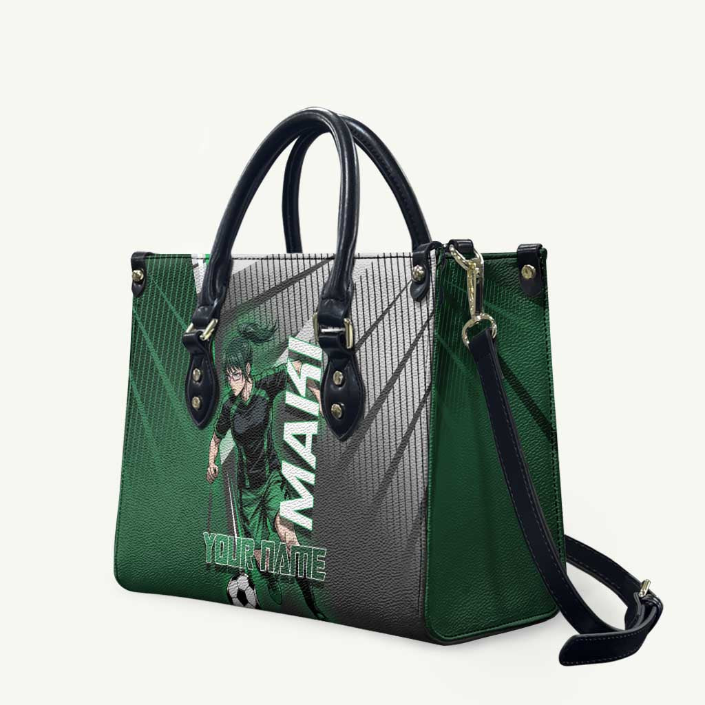 Personalized Maki Zenin Jujutsu Kaisen Leather Bag Anime Soccer Design, Green Monochrome Action Pose