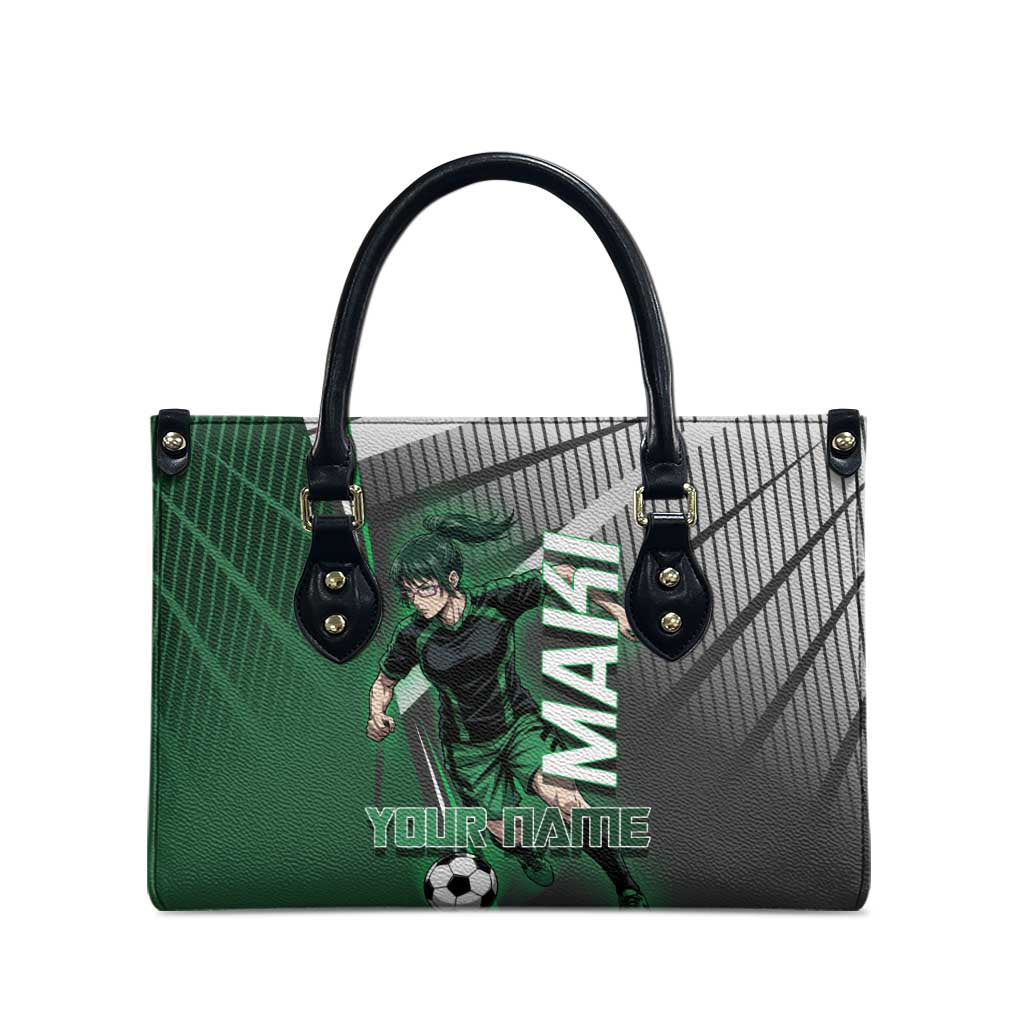 Personalized Maki Zenin Jujutsu Kaisen Leather Bag Anime Soccer Design, Green Monochrome Action Pose