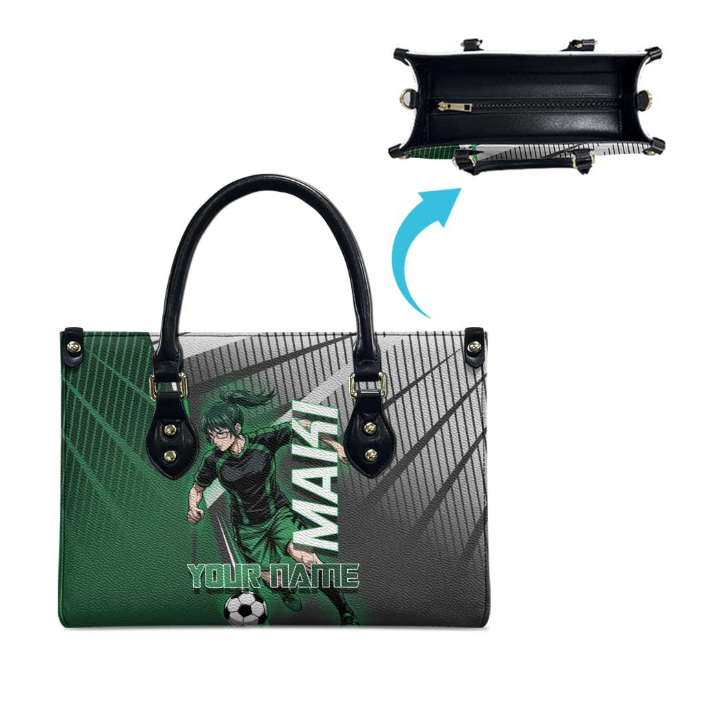 Personalized Maki Zenin Jujutsu Kaisen Leather Bag Anime Soccer Design, Green Monochrome Action Pose