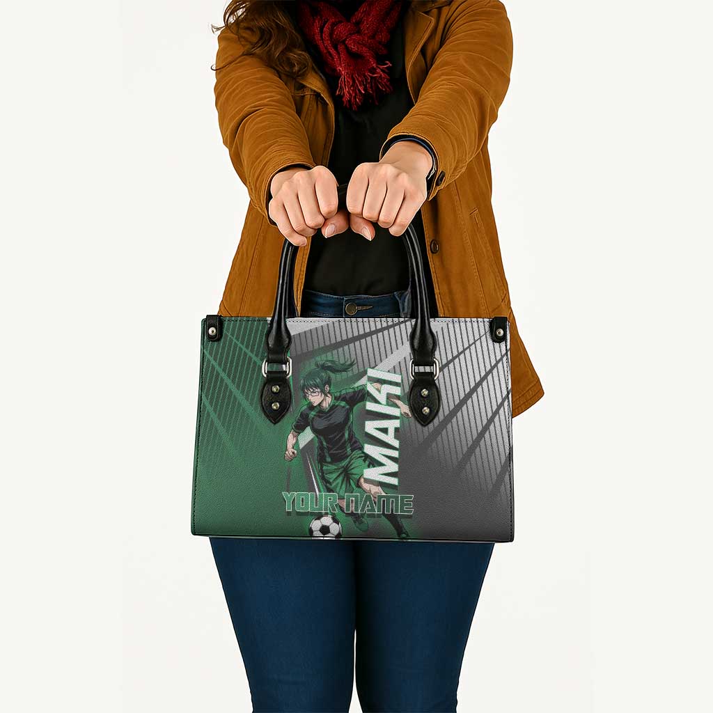 Personalized Maki Zenin Jujutsu Kaisen Leather Bag Anime Soccer Design, Green Monochrome Action Pose