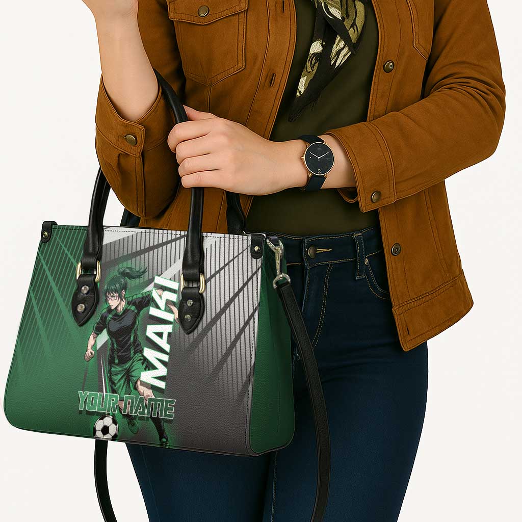 Personalized Maki Zenin Jujutsu Kaisen Leather Bag Anime Soccer Design, Green Monochrome Action Pose