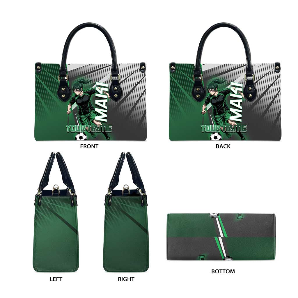 Personalized Maki Zenin Jujutsu Kaisen Leather Bag Anime Soccer Design, Green Monochrome Action Pose